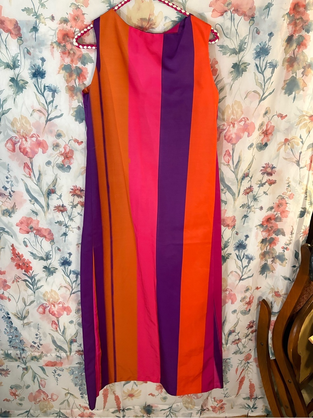 Vintage Bold Vertical Stripe Maxi Dress in Orange, Pink & Purple